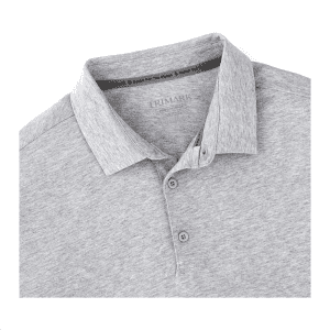A grey men's polo shirt featuring a collar and two buttons, with a logo on the inside.