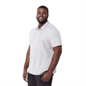 A grey short sleeve polo shirt for men featuring a logo and a standard collar.