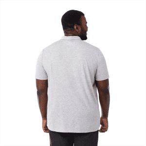 A men's short sleeve polo shirt in light grey with a collar and logo on the back.