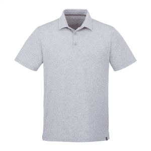 A men's short sleeve polo shirt in a light grey colour with a collar and a logo on the side.
