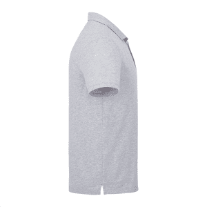 A grey short sleeve polo shirt for men, featuring a classic collar and a logo on the chest.