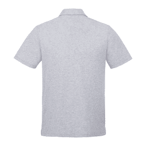 A grey short sleeve polo shirt with a collar and a logo on the chest.