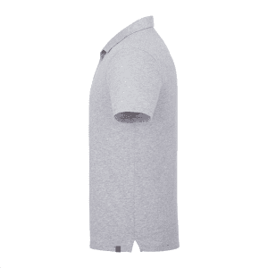 A grey short sleeve polo shirt for men, featuring a collar and a logo on the side.