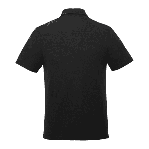 A black men's polo shirt with short sleeves and a collar, featuring a logo on the back.