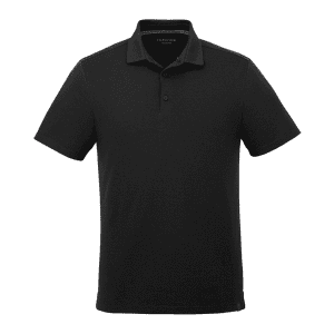 A black short sleeve polo shirt for men with a collar and a logo on the chest.