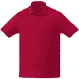 A red men's polo shirt with short sleeves, featuring a logo.