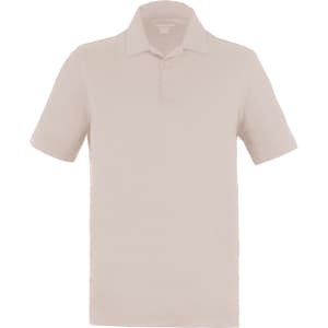 A men's eco-friendly polo shirt in a light beige colour, featuring a classic collar and button placket.