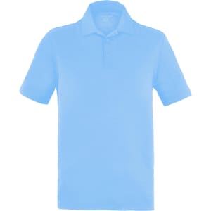 A light blue men's polo shirt featuring a collar and short sleeves, with a logo on the chest.