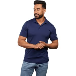 A navy blue men's polo shirt with a collar and short sleeves, featuring a branding logo on the sleeve.
