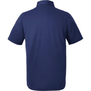 A navy blue men's polo shirt featuring a collar and short sleeves, with a branding logo on the fabric.