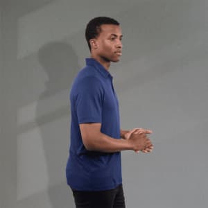 A men's eco polo shirt in navy blue, featuring a collar and short sleeves, with a logo on the chest.