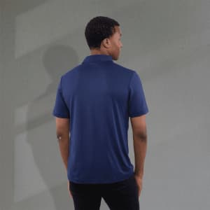 A navy blue men's polo shirt with a collar, featuring a logo on the back.