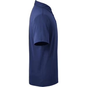 A navy blue men's polo shirt featuring short sleeves and a collar, with a logo on the chest.