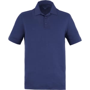 A men's polo shirt in navy blue with a classic collar and short sleeves, featuring a logo.