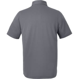 A men's polo shirt in grey, featuring short sleeves and a collar. The back view shows a simple design with a logo.