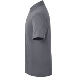 A grey men's polo shirt displayed from the side, featuring a collar and short sleeves. The shirt has a logo.