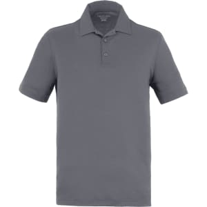 A grey men's polo shirt featuring a classic collar and a logo on the chest.