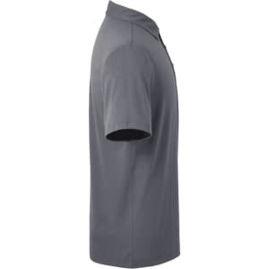 A grey men's polo shirt with short sleeves and a collar, featuring a logo on one side.