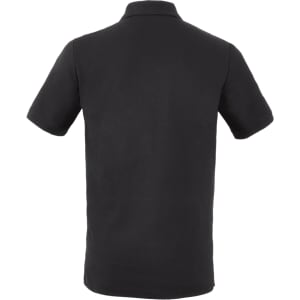 A black men's performance eco polo shirt with a collared neck and short sleeves. It features a logo.
