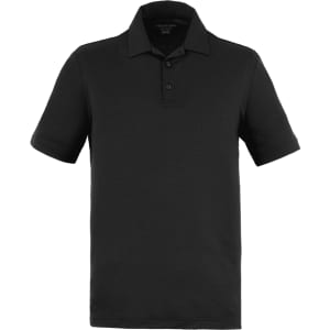 A black men's polo shirt with a collar, short sleeves, and a logo on the chest area.