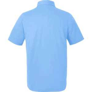 A light blue men's polo shirt featuring a collar and short sleeves, includes a logo on the front.
