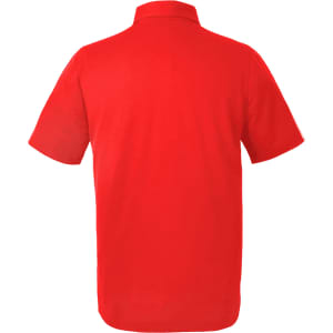 A red polo shirt with short sleeves and a collar, featuring a logo on the back.