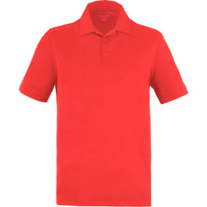 A red men's polo shirt featuring a collar, short sleeves, and a branded logo.