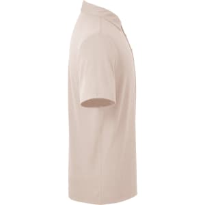 A beige men's polo shirt with a classic collar and short sleeves, featuring a logo.