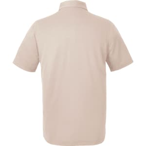 A beige men's polo shirt with a classic collar and short sleeves, featuring a logo on the back.