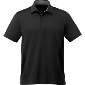 A black short sleeve performance polo shirt featuring a collar and side panel design. It has a logo on the upper chest.