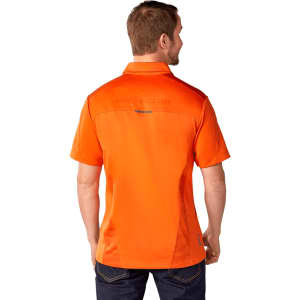 A short-sleeve polo shirt in bright orange, featuring a logo on the back and a classic collar design.