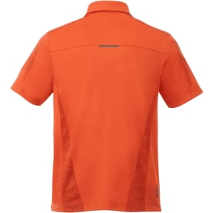 An orange short sleeve performance polo shirt featuring a logo and a sporty design.