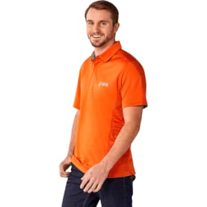 An orange short sleeve performance polo shirt with a logo, worn by a man smiling.