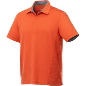 An orange short sleeve polo shirt with a contrasting grey collar and side panels, featuring a logo.