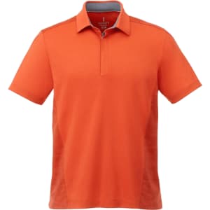 An orange short sleeve polo shirt with a collar and side panels, featuring a logo on the upper front.