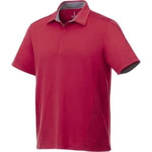 Red short sleeve performance polo shirt with a grey collar and side detailing, featuring a logo on the chest.
