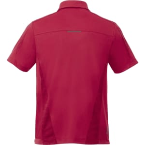 A short-sleeve polo shirt in red, featuring a back design and logo, suited for performance wear.