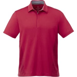 A red short sleeve polo shirt with a collar, featuring a logo on the chest.