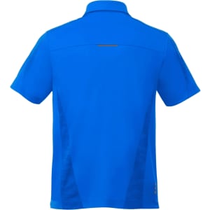 A blue men's polo shirt with short sleeves and a logo, featuring a sporty design on the back.