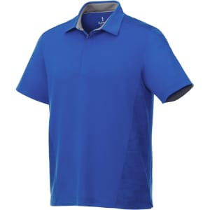 A blue short sleeve polo shirt featuring a contrasting grey collar and side panels, with a logo on the chest.