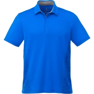 A bright blue men's polo shirt with short sleeves and a collar, featuring a subtle logo on the front.