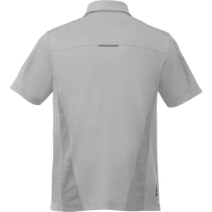A short sleeve polo shirt in light grey with a subtle design and a logo on the back.