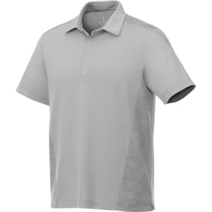 A short sleeve polo shirt in light grey with a subtle patterned design and a logo on the chest.