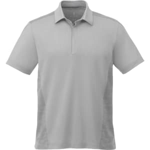 A light grey men's short sleeve performance polo shirt with a logo and textured side panels.