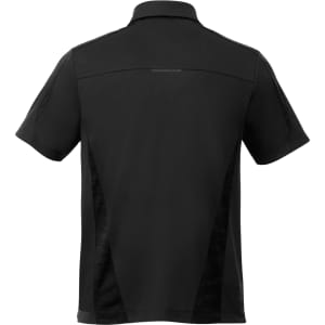 A black short sleeve performance polo shirt featuring a collar and a logo on the back.