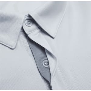 A light grey men's polo shirt with a collar and buttons, featuring a textured fabric and a logo.
