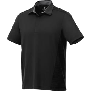 A black short sleeve performance polo shirt featuring a logo and textured side panels.