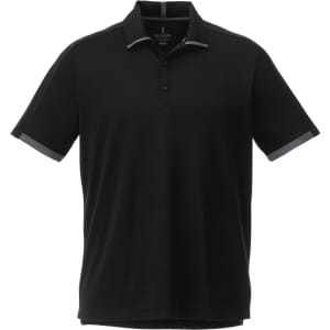 A black short sleeve performance polo shirt with grey accents and a logo on the chest.