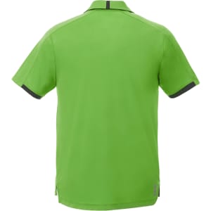 A green short sleeve performance polo shirt with a black trim and a logo on the back.