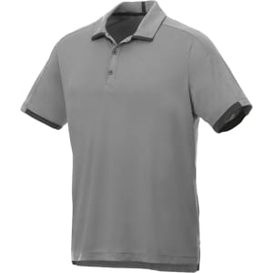 A grey short sleeve performance polo with a collar and contrasting trim, featuring a logo on the chest.